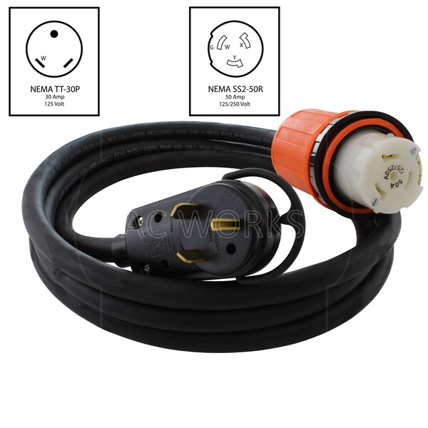 50ft RV 30A TT-30P Plug To SS2-50R RV/Marine 50A Detachable Inlet Connection